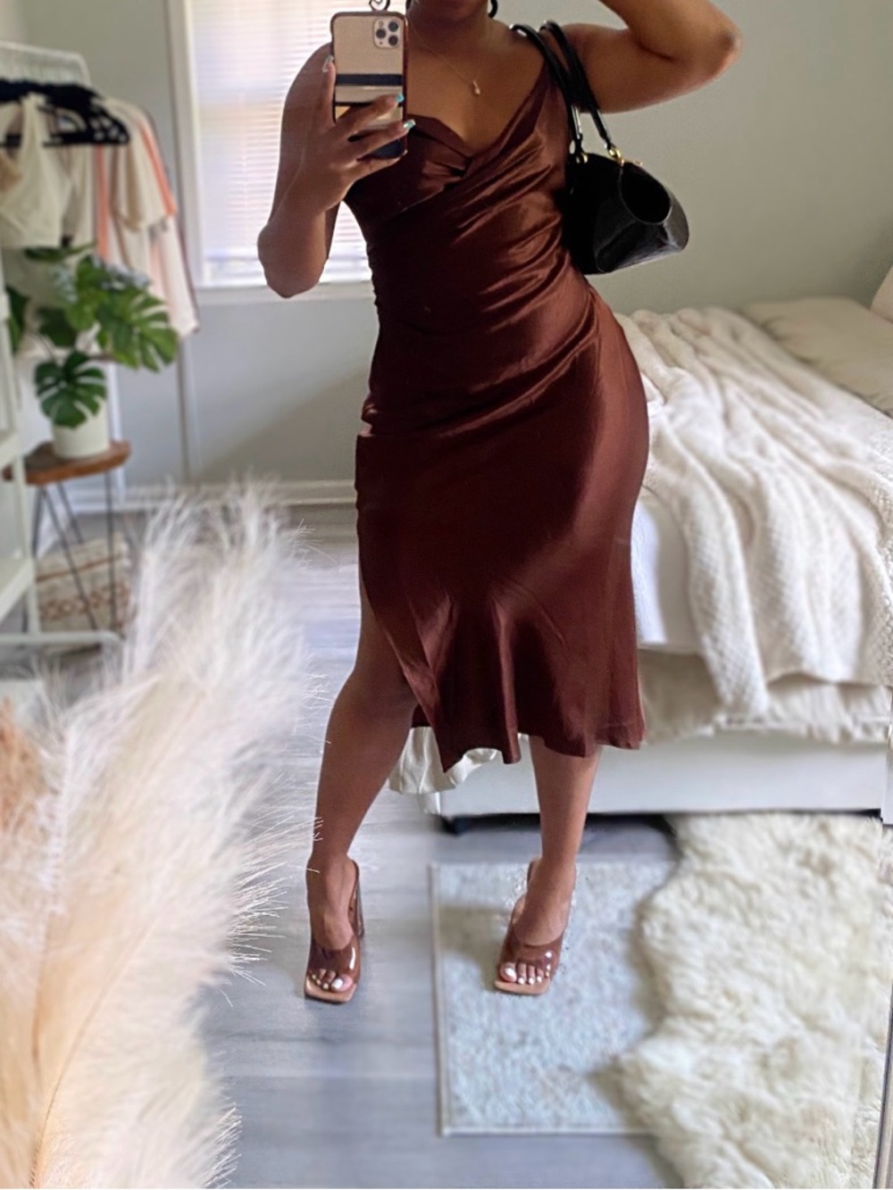 Zara Brown Satin Cowl Slip Dress